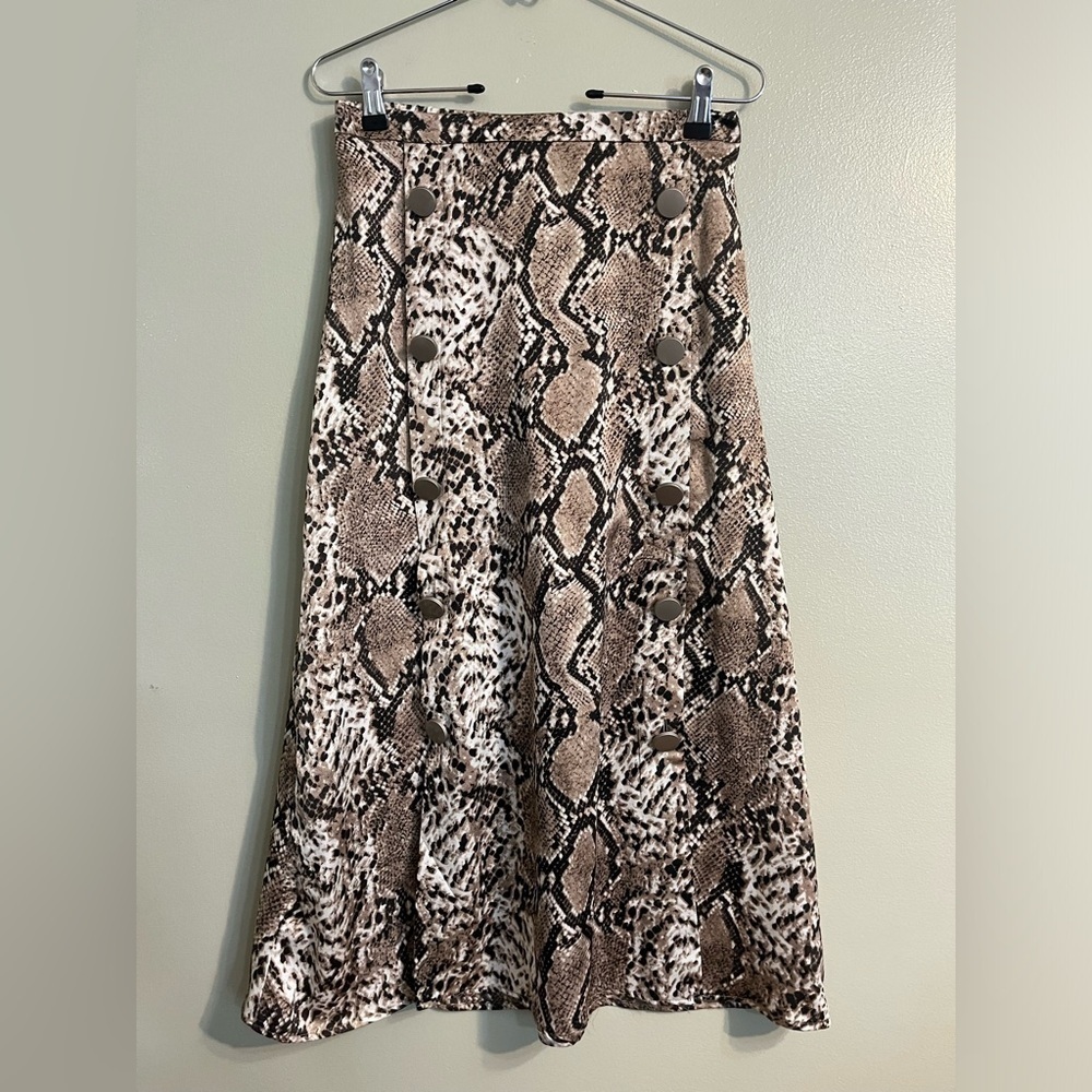 Hazel Womens Animal Print Buttons Two Splits Midi Skirt Size S